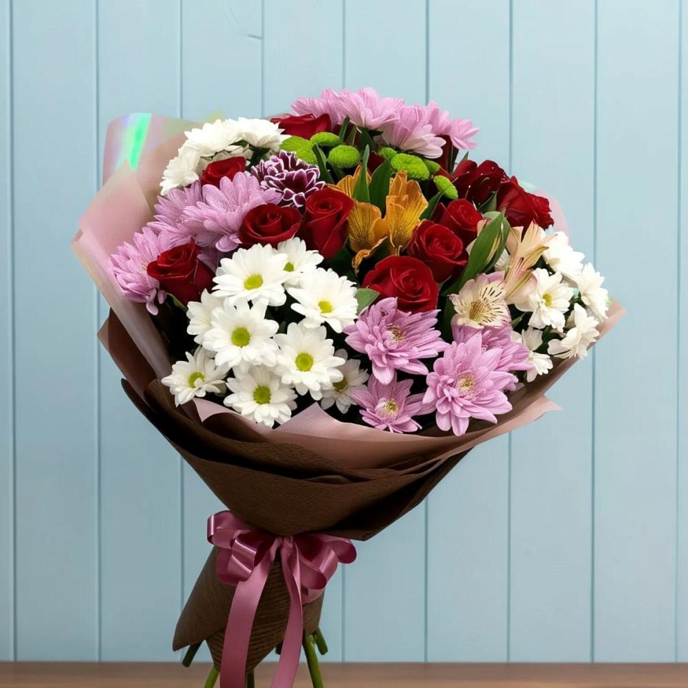 Букет цветов из: Розы, Хризантемы и Альстромерии в Янкуле