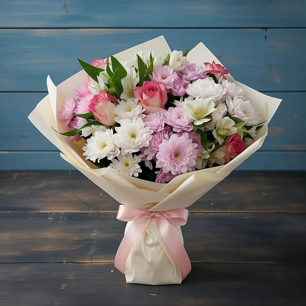 Букет цветов из: Хризантемы, Альстромерии и Розы в Янкуле